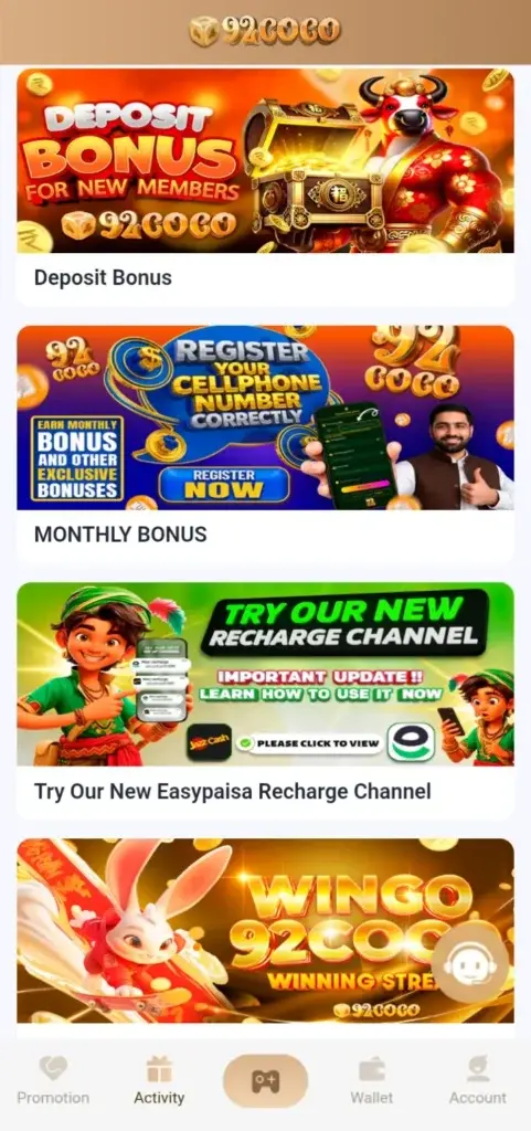 92COCO Game promote daliy exciting bonus.