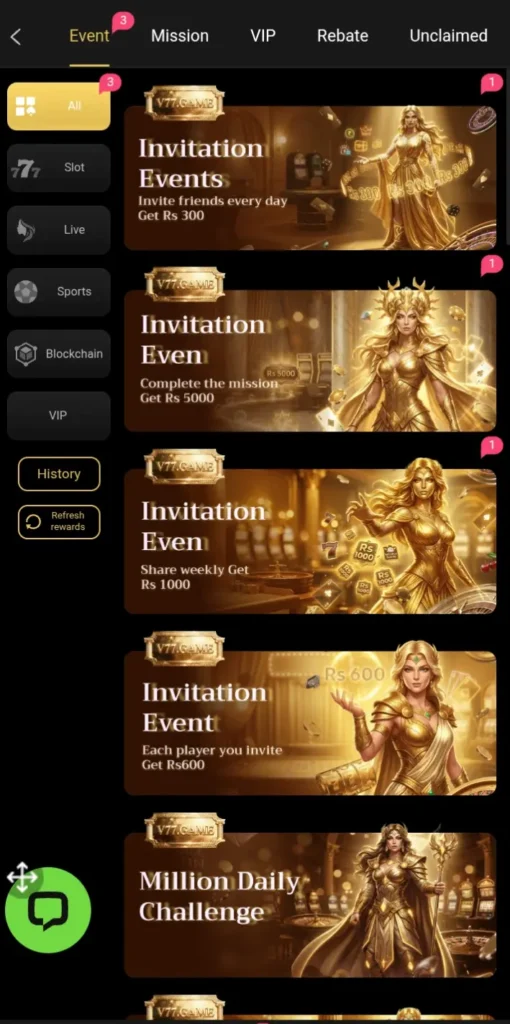 V777 Game is inviting friends and getting daily bonuses and rewards. 