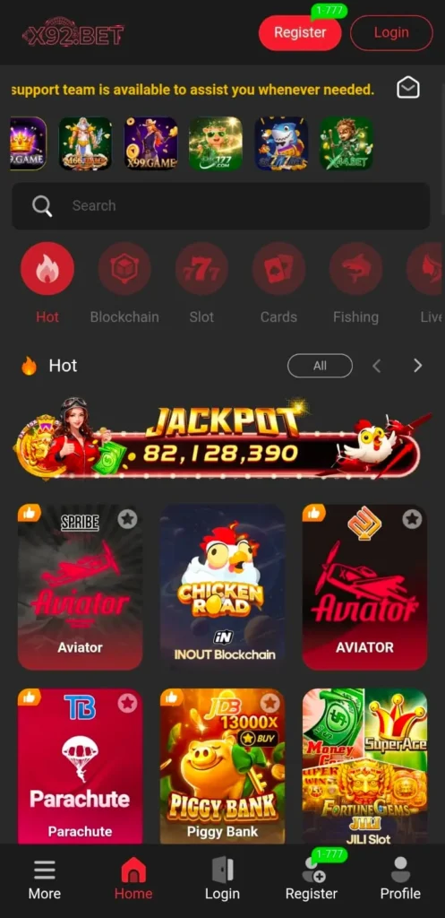 X92BET Game dashboard screenshot image.